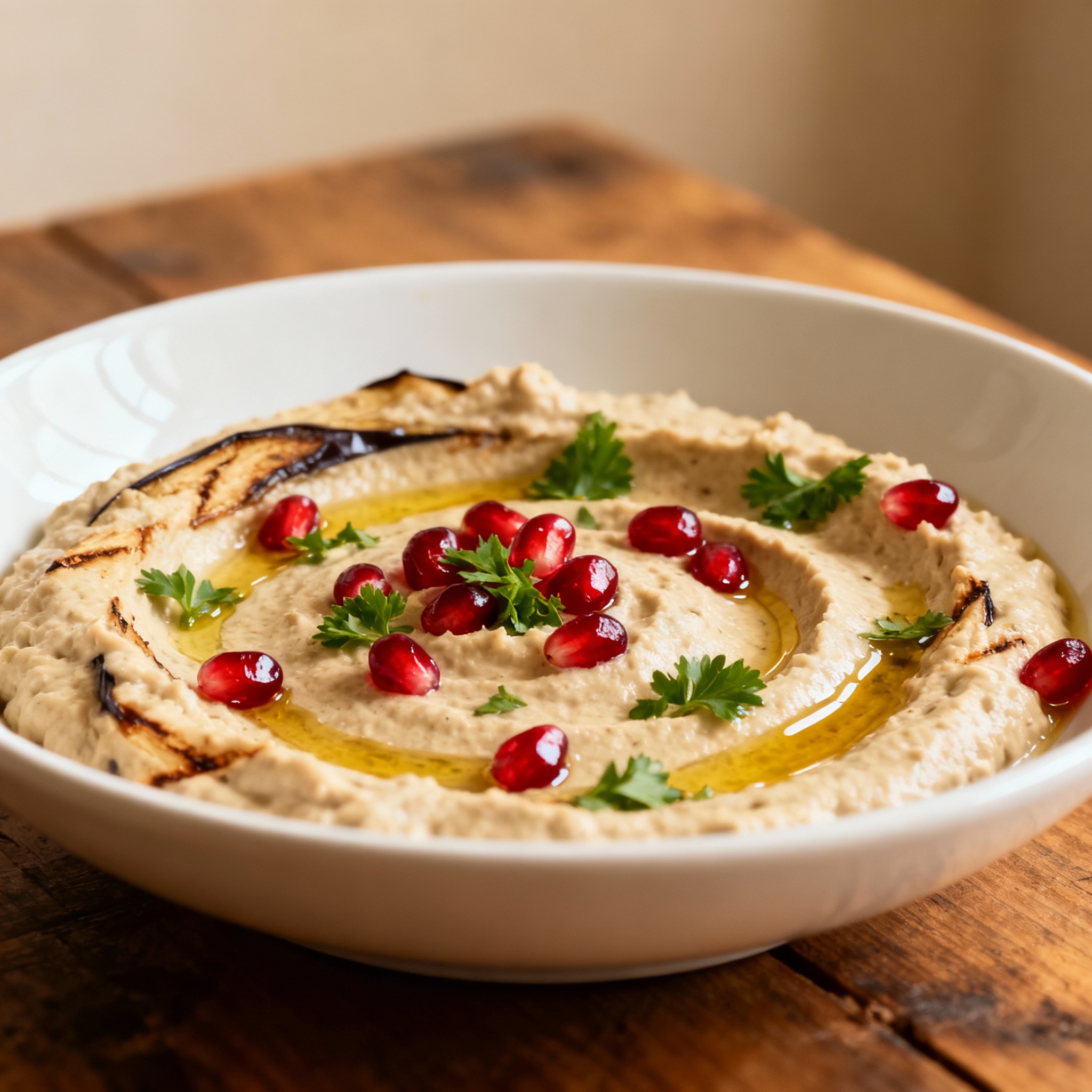 Plato de mutabal crema de berenjena adornado con perejil y semillas de granada