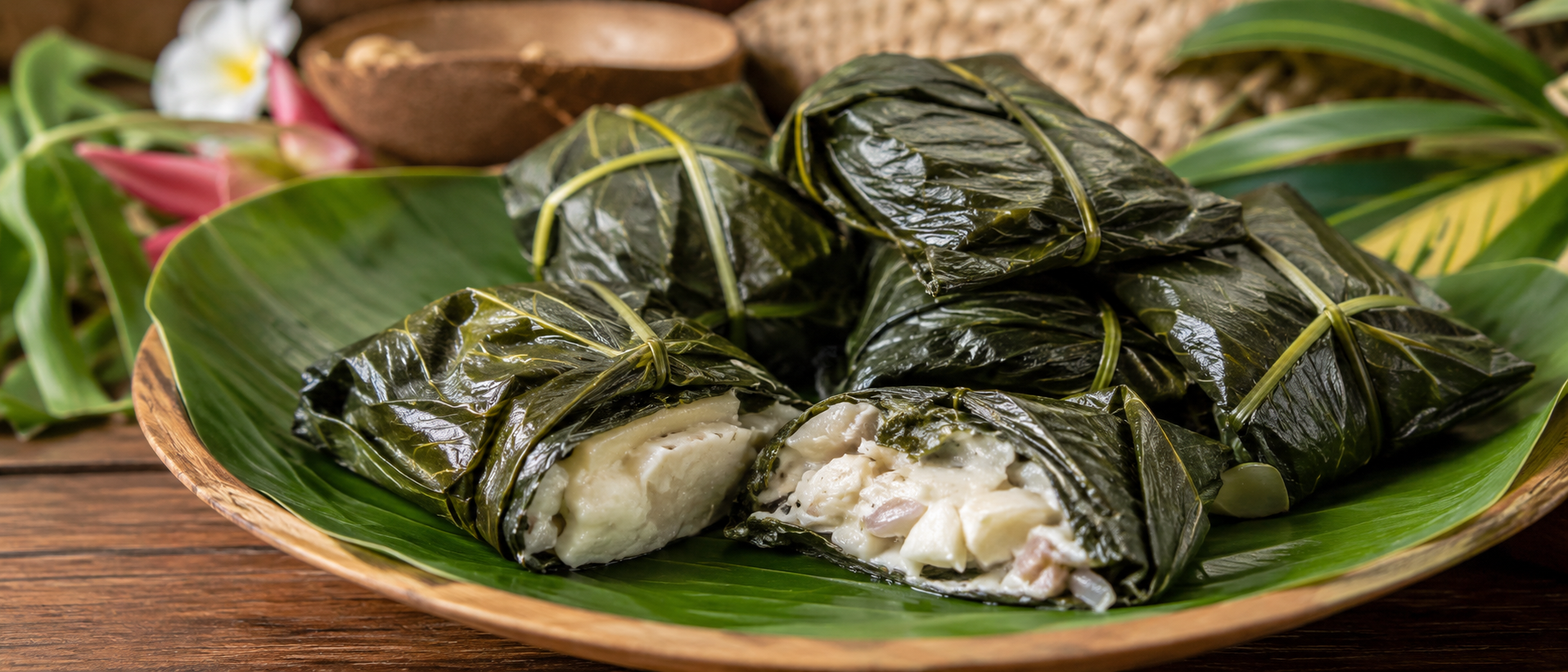 Palusami samoano con hojas de taro rellenas de crema de coco y cebolla