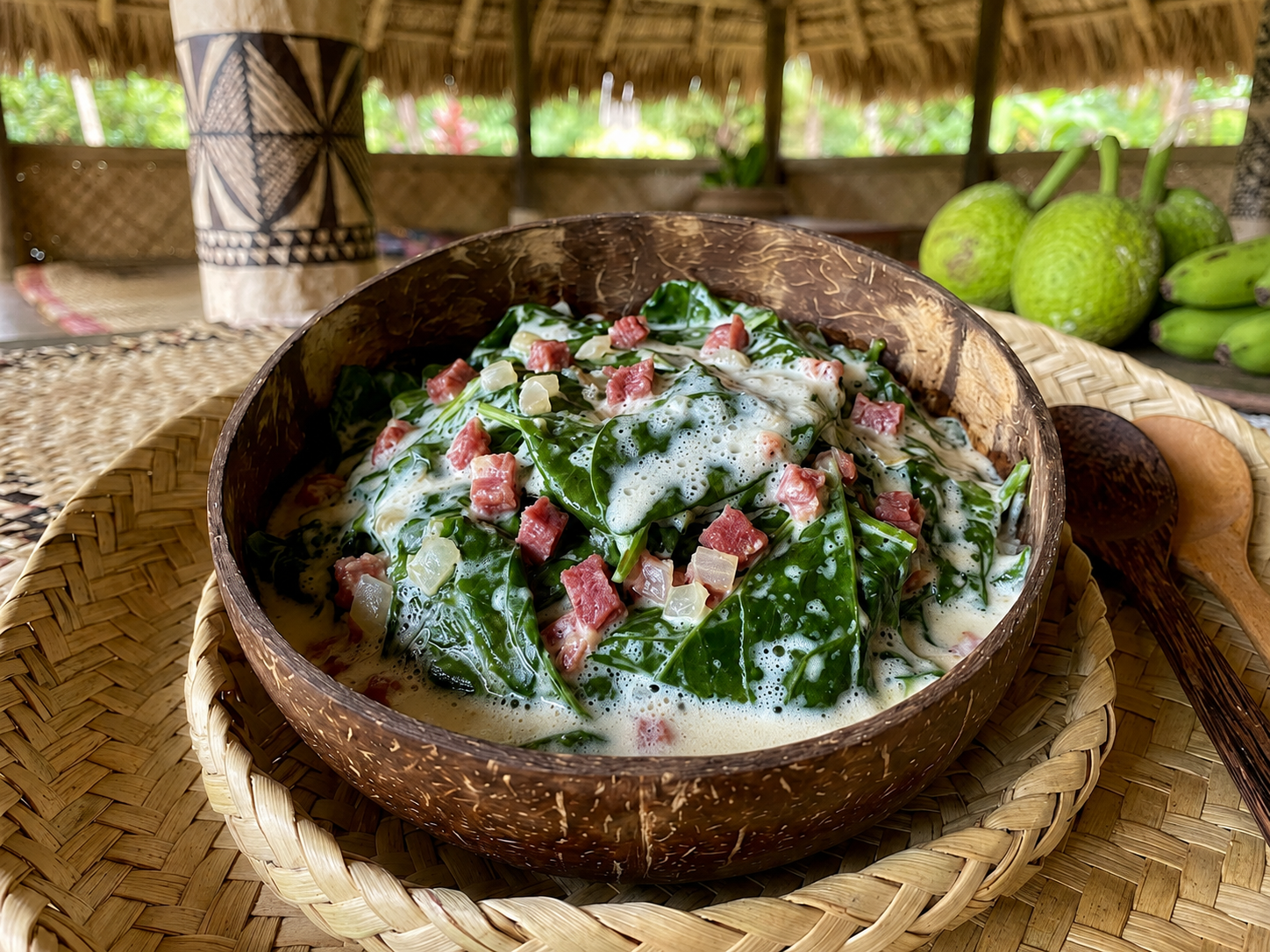 Palusami samoano servido en hojas verdes con crema de coco y arroz blanco