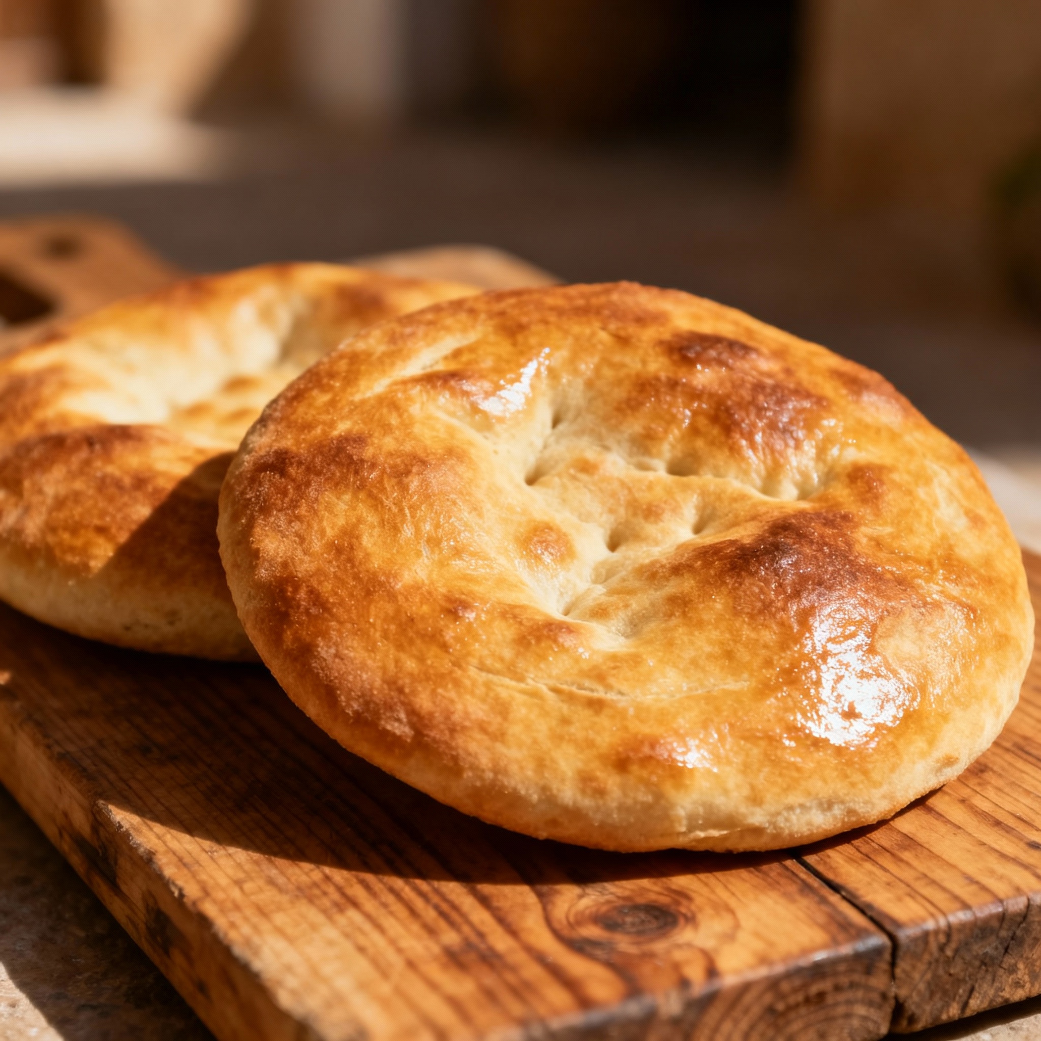 Ruedas de pan marroquí dorado sobre madera