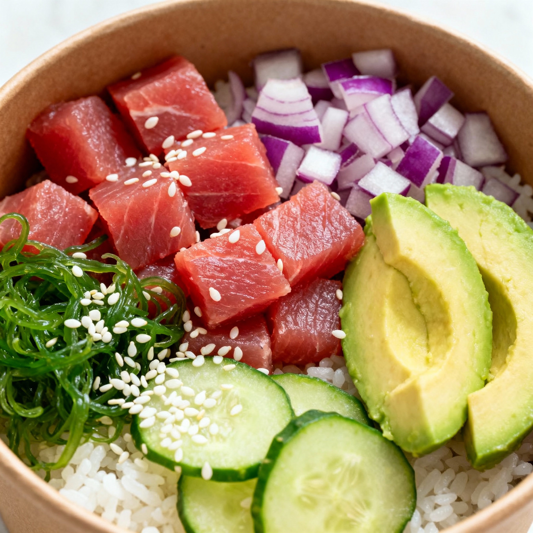 Bowl de poke de atún con arroz, vegetales y aguacate