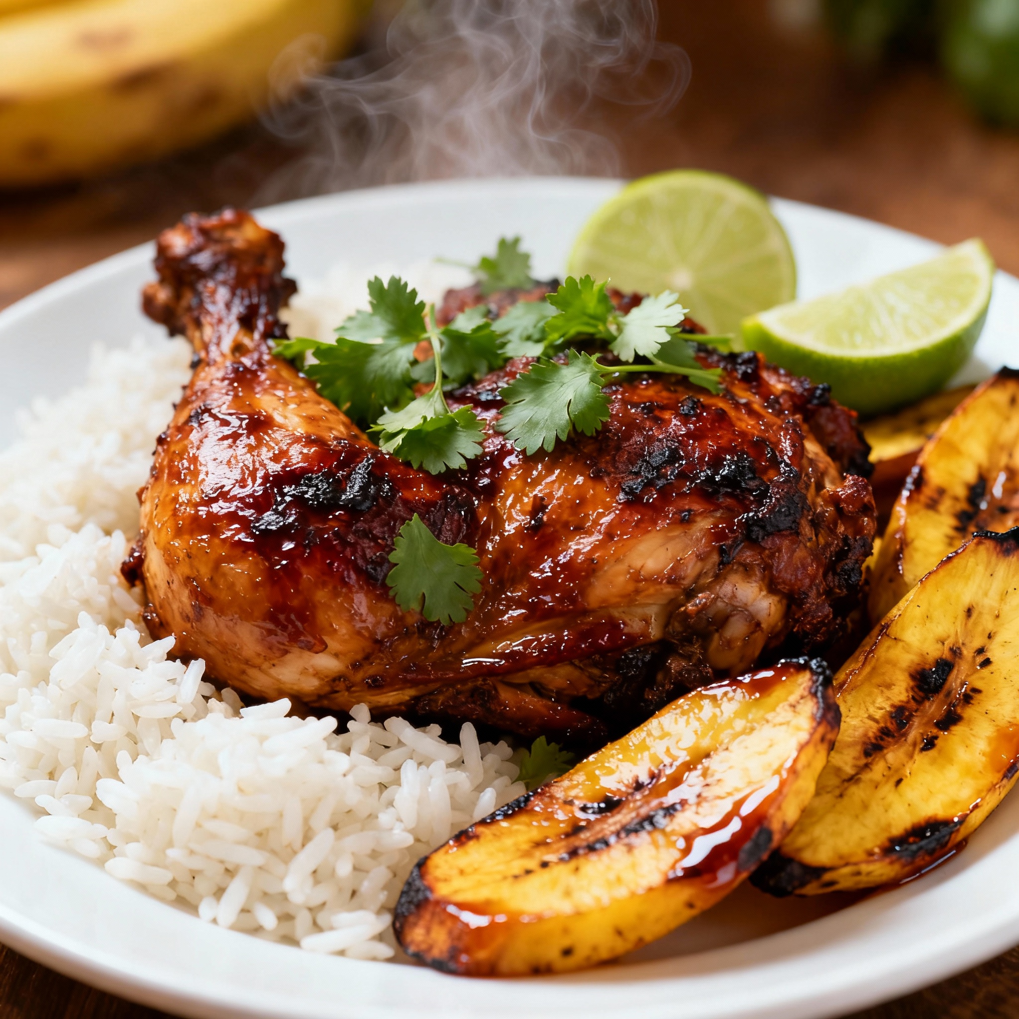 Pollo jamaicano al jerk servido en plato con guarnición