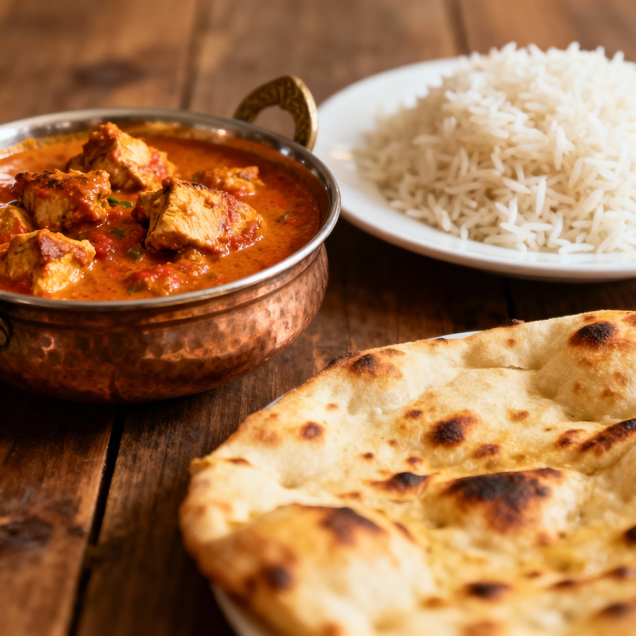 Pollo tikka masala con arroz basmati y pan naan