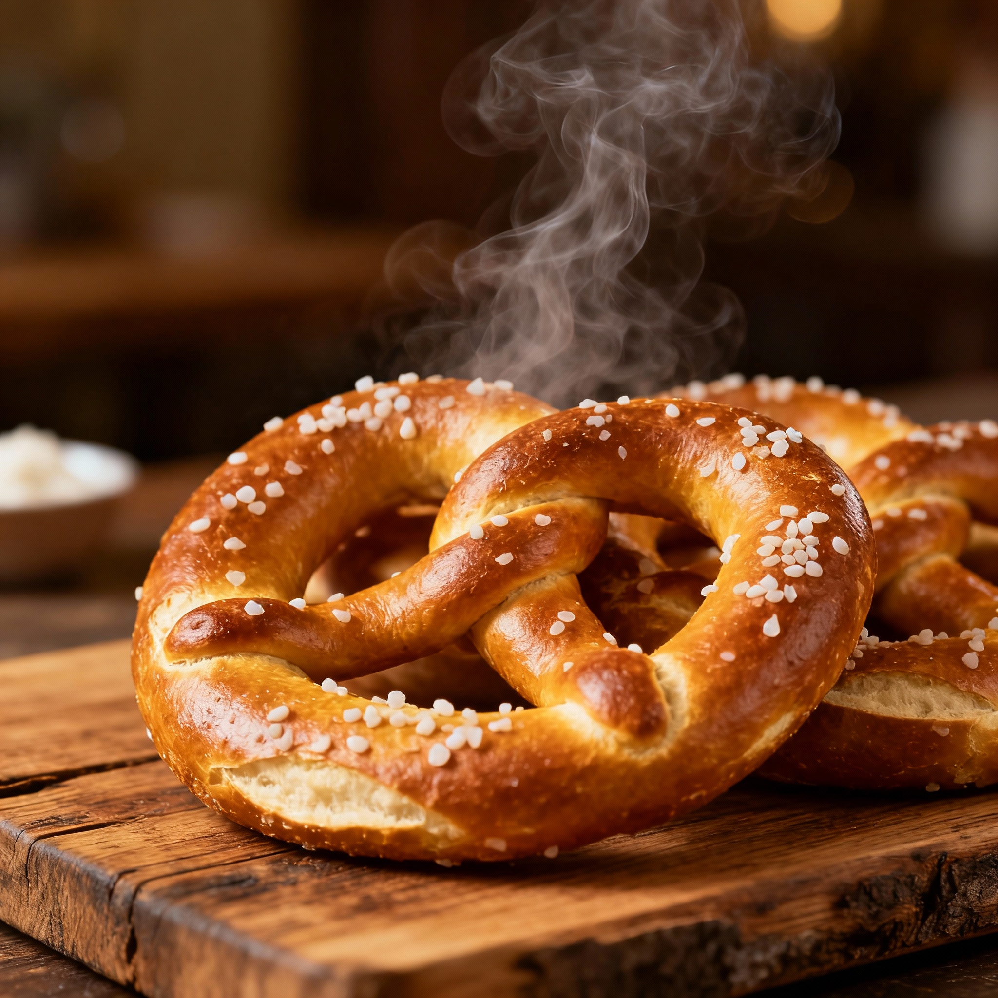 Pretzels alemanes dorados servidos con sal gorda