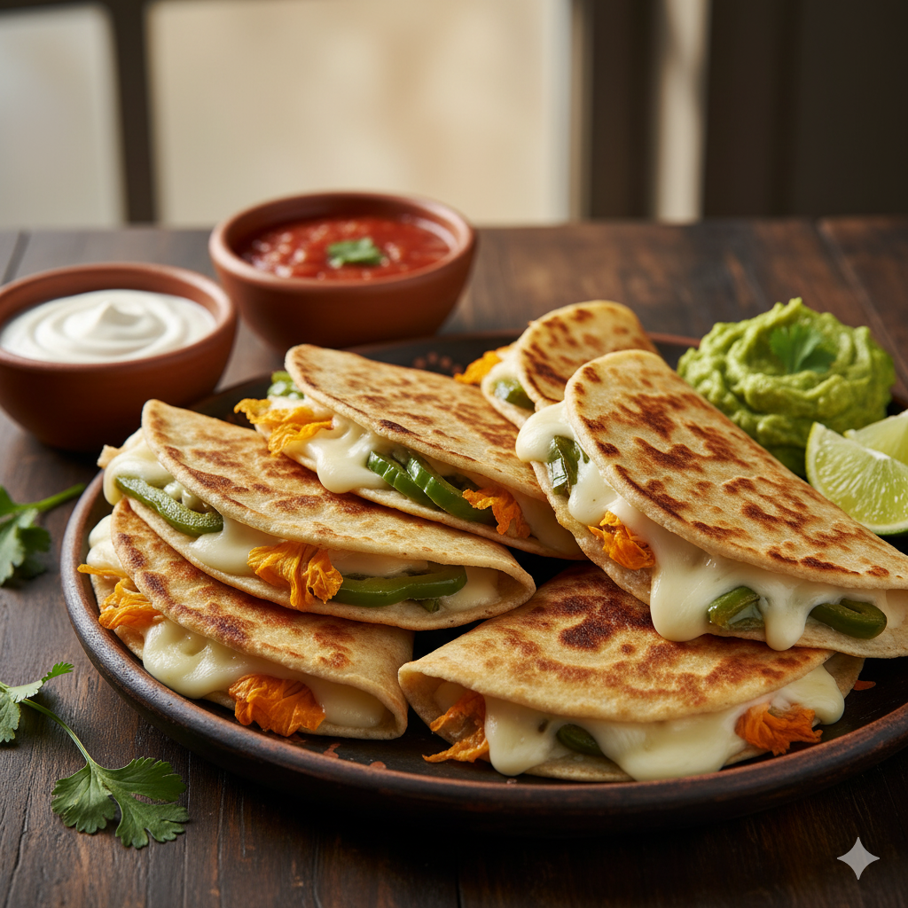 Plato con varias quesadillas mexicanas dobladas y doradas