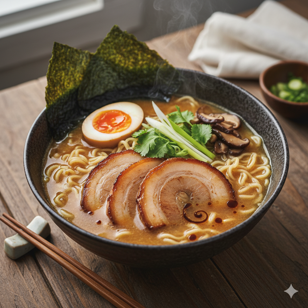 Cuenco de ramen servido con huevo, carne y verduras