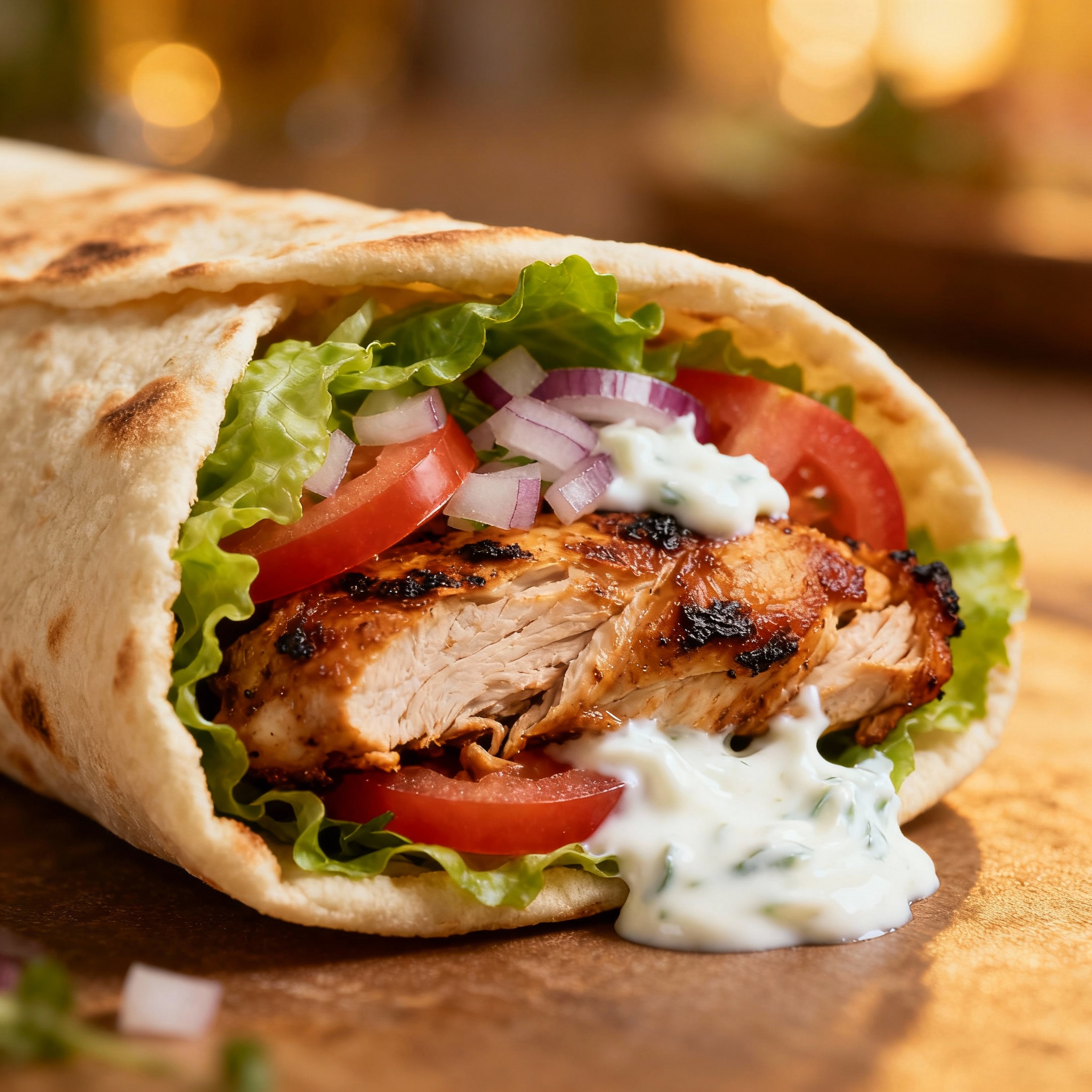 Shawarma de pollo servido en pan pita con verduras frescas y salsa de yogur