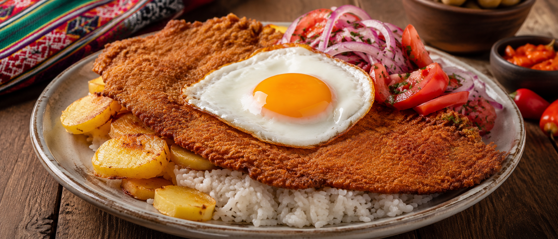 Silpancho boliviano con carne empanada, arroz, patatas, huevo frito y ensalada fresca