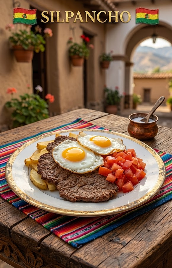 Silpancho boliviano servido con arroz, patatas, carne empanada, huevo frito y ensalada
