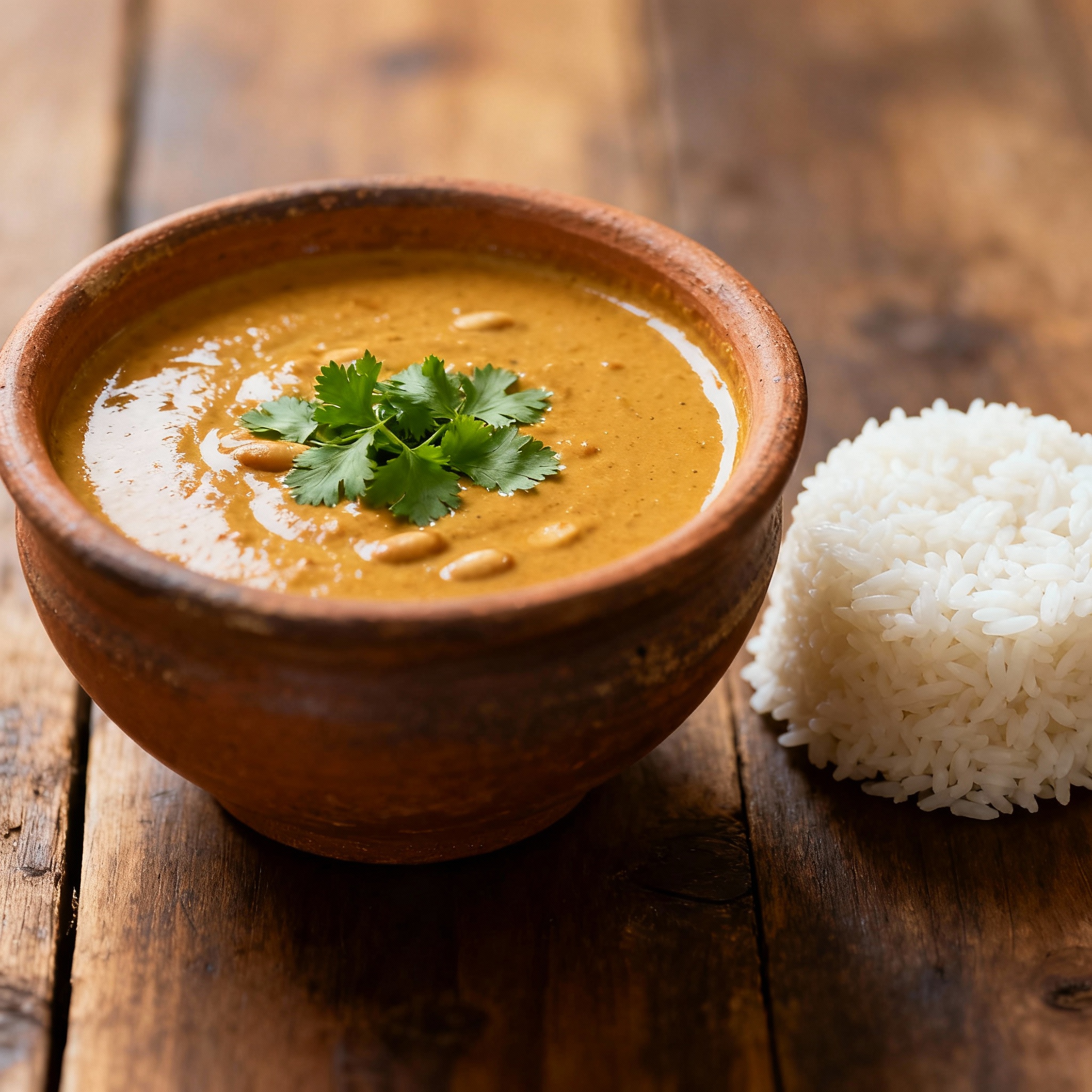 Cuenco de sopa africana de cacahuete con espinacas y cacahuetes tostados