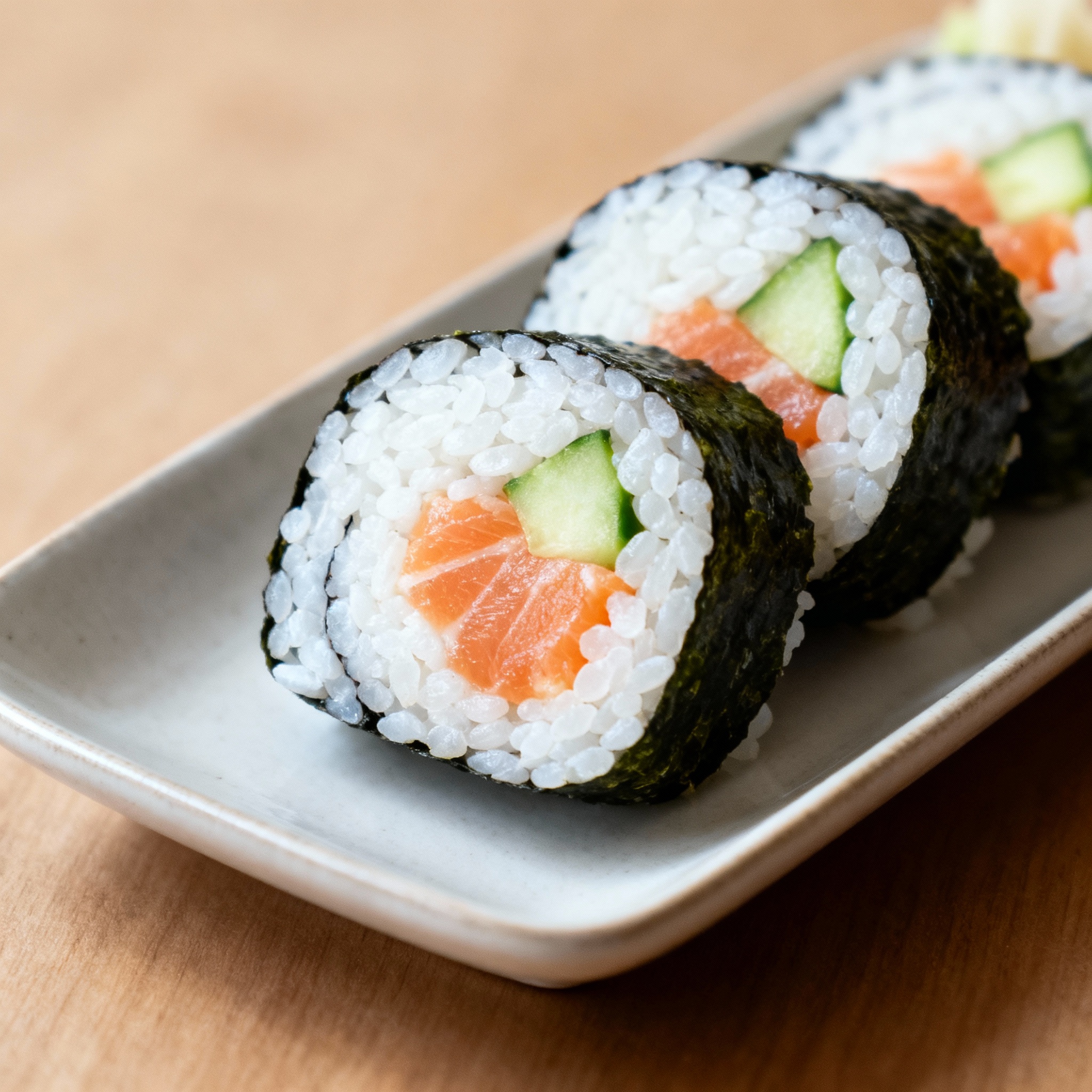 Plato de sushi maki variado con salsa de soja, wasabi y jengibre