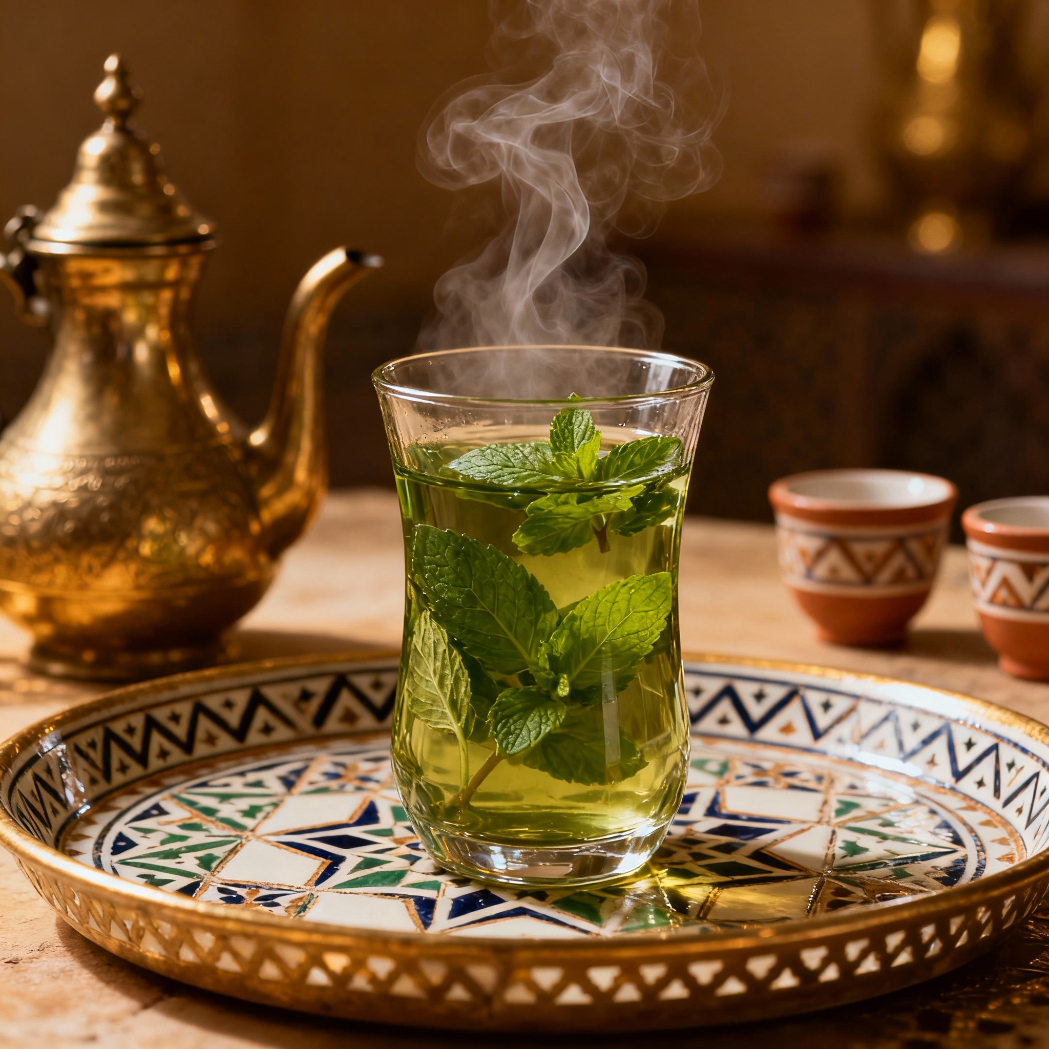 Vaso de té verde con menta fresca servido tradicionalmente