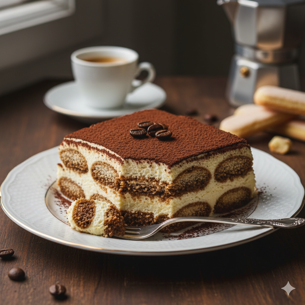 Porción de tiramisú servido con cacao espolvoreado