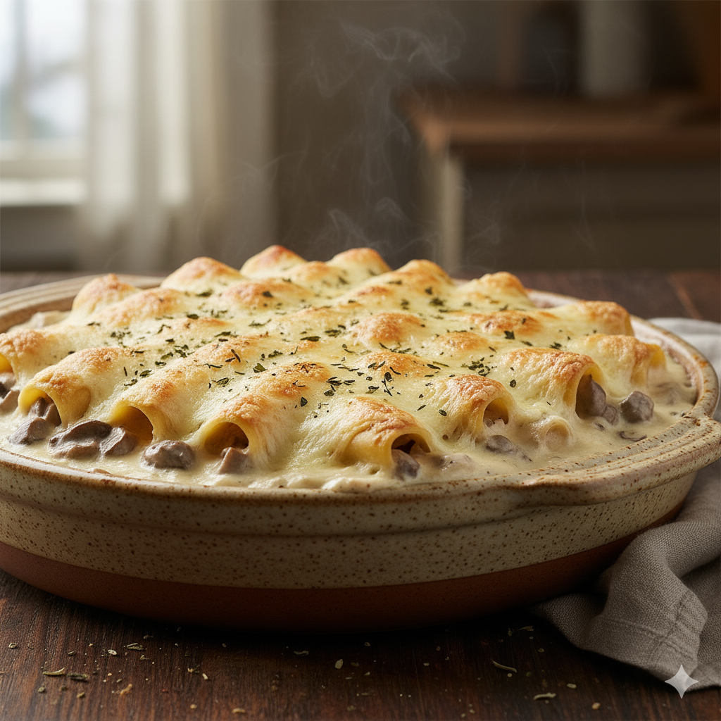 Fuente de canelones de setas y nata recién gratinados