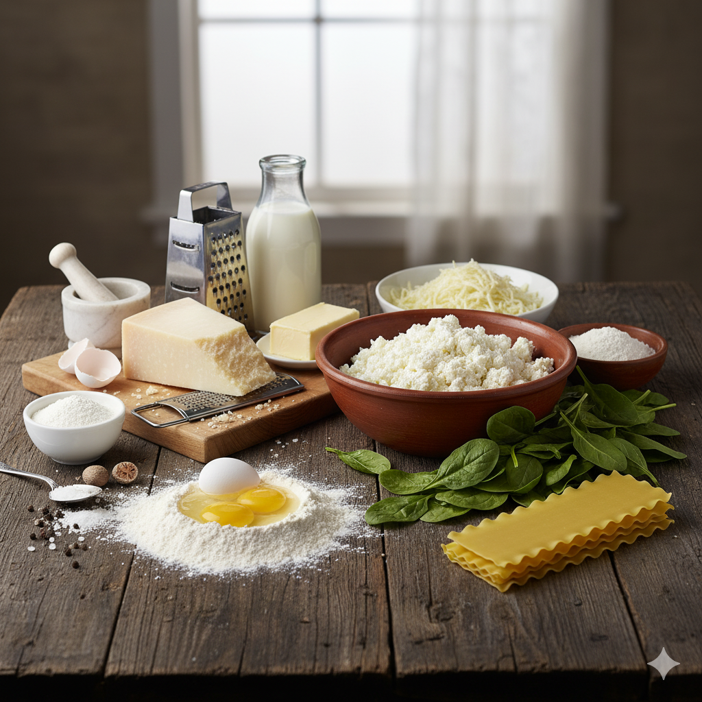 Placas de lasaña, espinacas, ricota, parmesano, mozzarella, leche y mantequilla