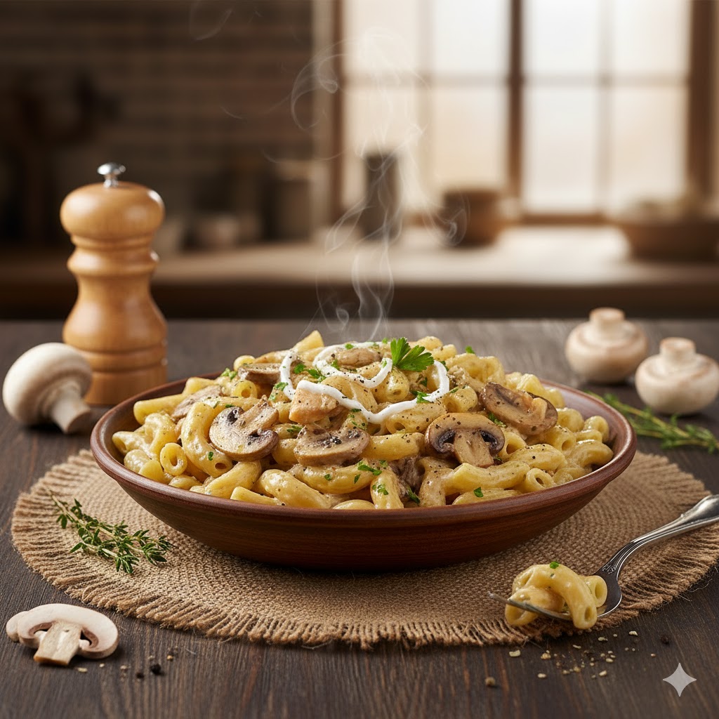Macarrones con pollo y champiñones servidos