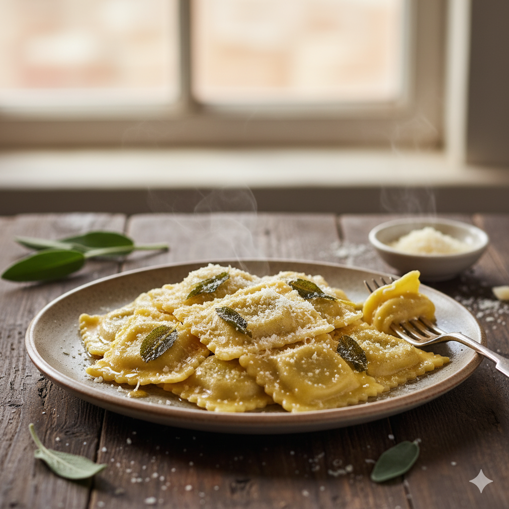 Raviolis de ricota y espinacas con mantequilla y salvia