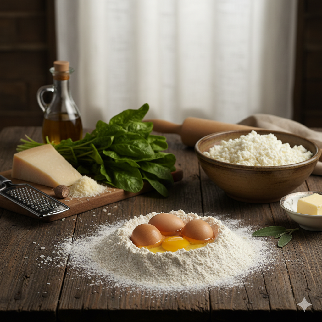 Harina, huevos, ricota, espinacas, parmesano, mantequilla y salvia