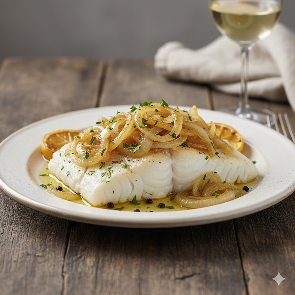 Bacalao con cebolla servido