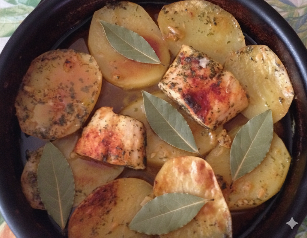 Bacalao con patatas al horno presentado en fuente familiar