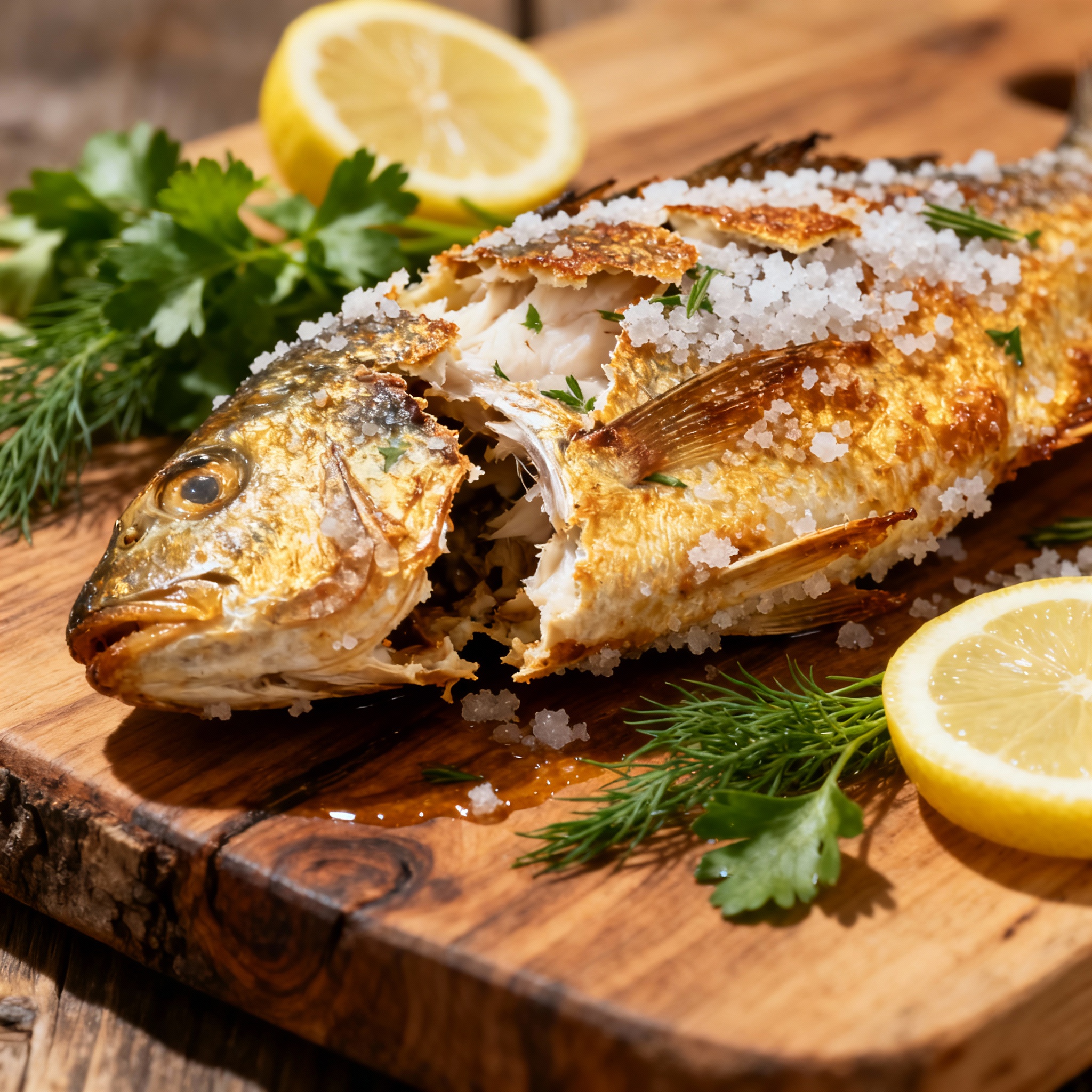 Lubina al horno con sal servida