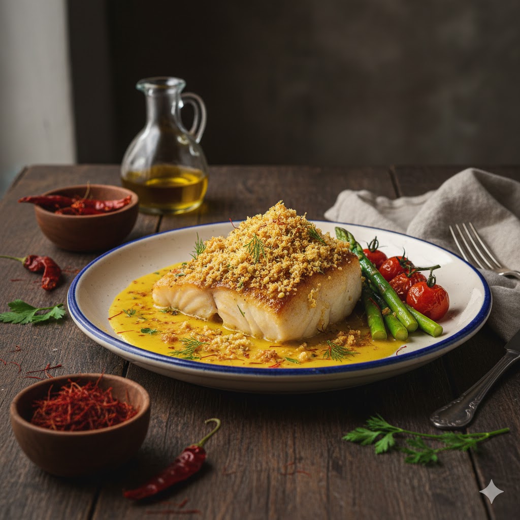 Rape al Azafrán con Crujiente servido