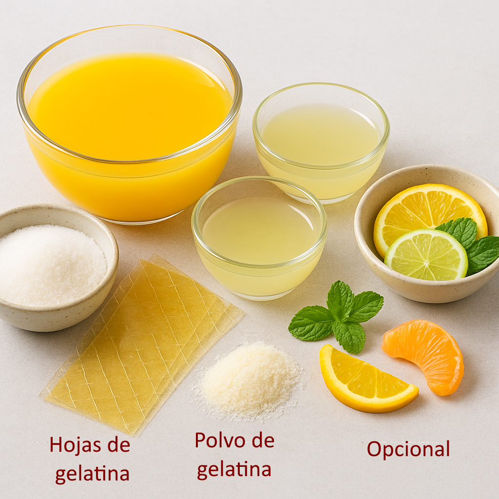 Ingredientes para gelatina de cítricos: naranjas, limones, limas, azúcar y hojas de gelatina