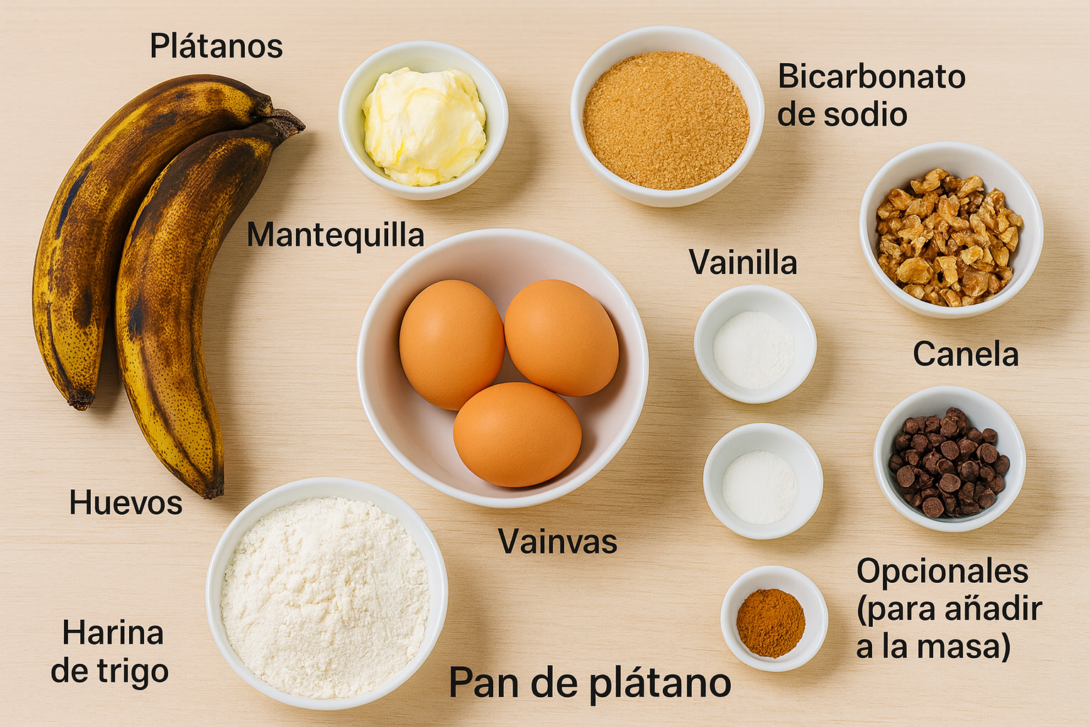 Ingredientes para pan de plátano: plátanos maduros, mantequilla, azúcar, huevos, harina, bicarbonato