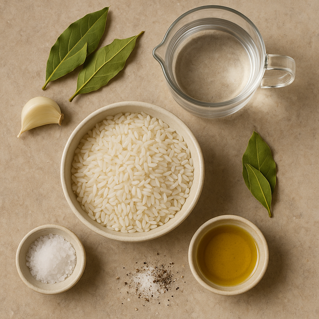 Ingredientes para arroz blanco: arroz, ajo, laurel, agua, aceite y sal