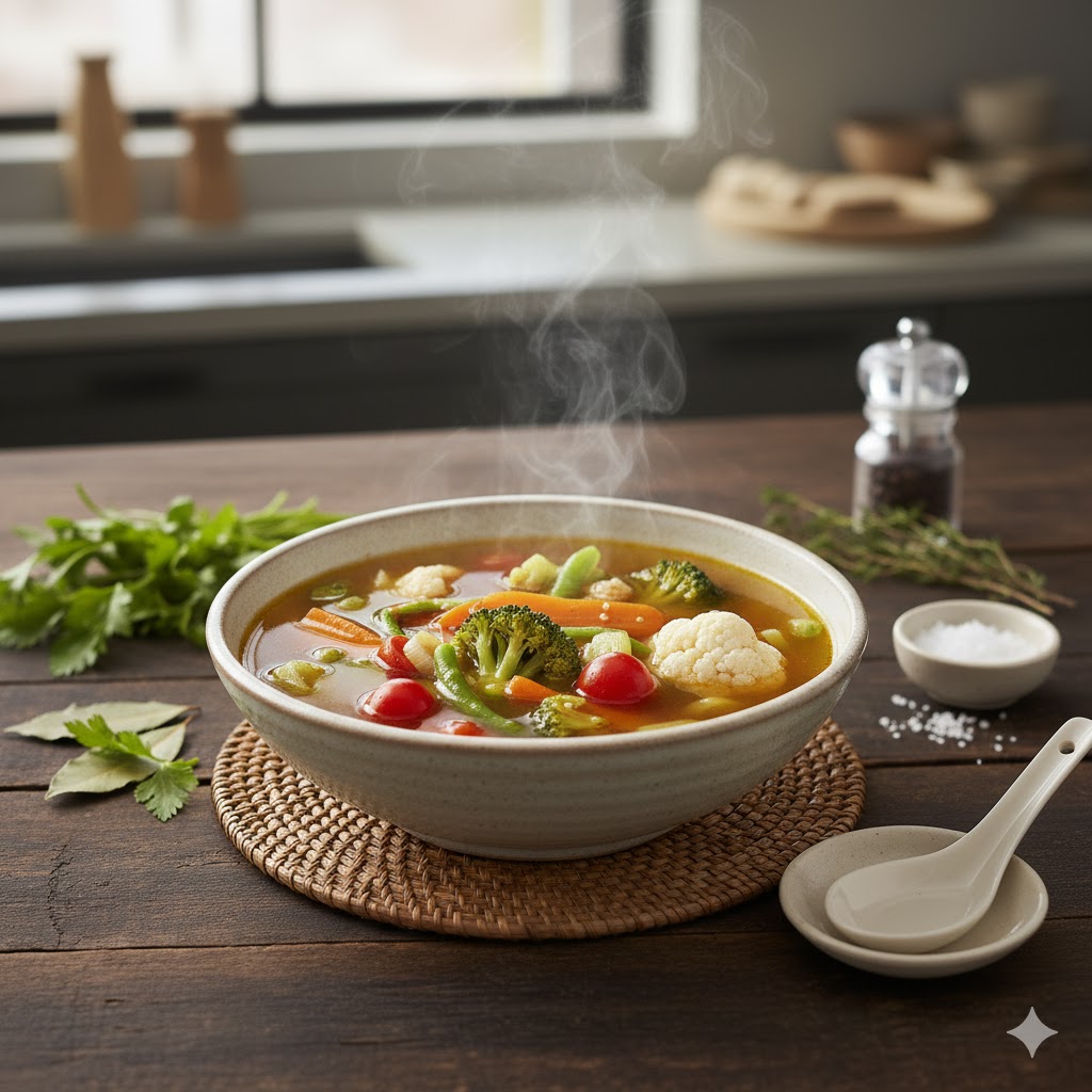 Fondo de verduras casero servido