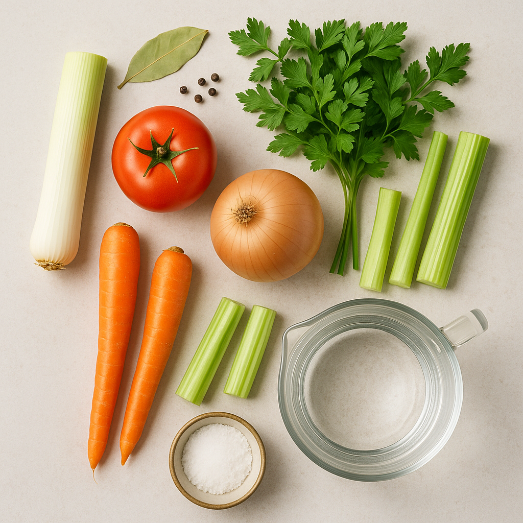 Ingredientes para fondo de verduras: zanahoria, puerro, cebolla, apio, tomate y especias
