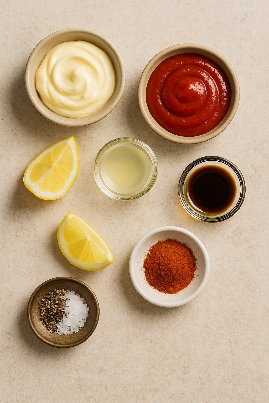 Ingredientes para salsa rosa: mayonesa, ketchup, limón y sazón