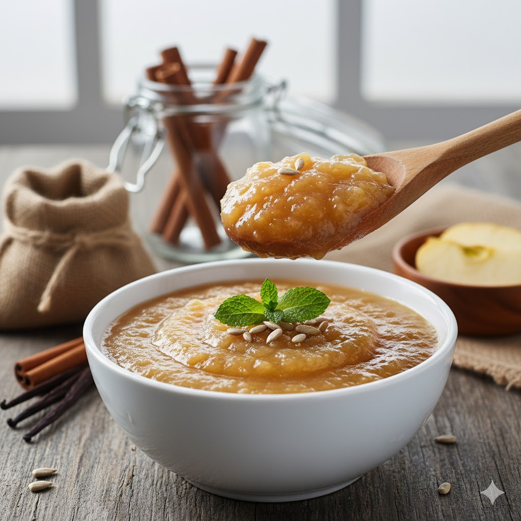 Compota de manzana sin azúcar en cuenco blanco