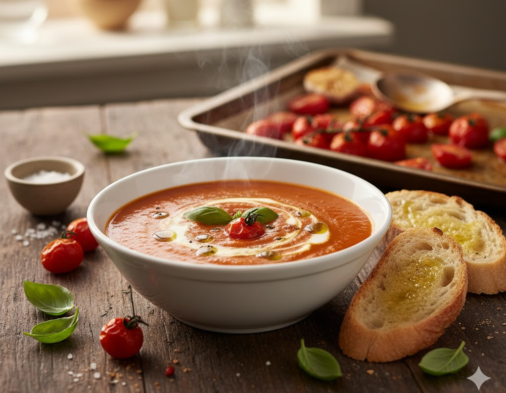 Crema de tomate asado servida con hierbas frescas