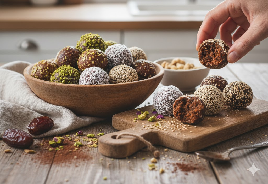 Energy bites o bolas energéticas de dátiles servidas en plato