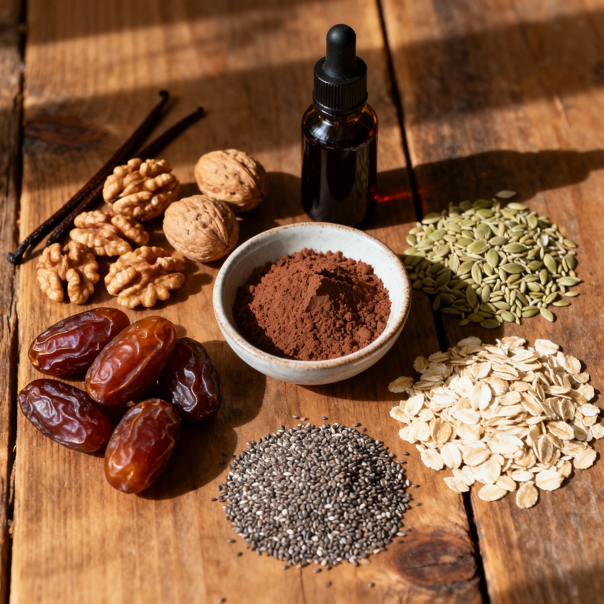 Ingredientes para energy bites: dátiles, nueces, semillas, avena