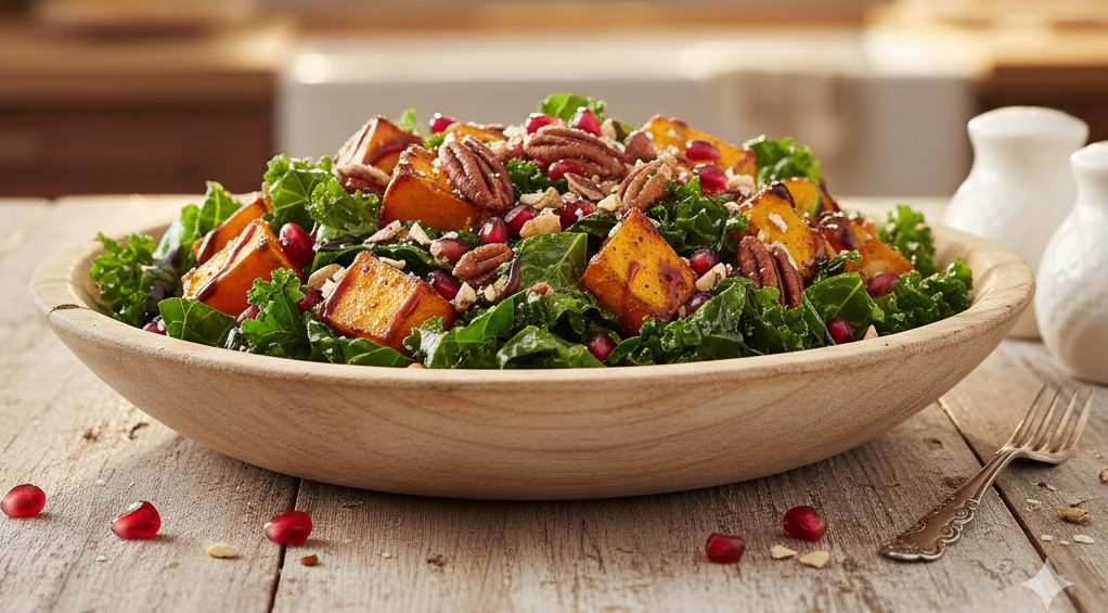 Ensalada de boniato asado y kale con granada y nueces