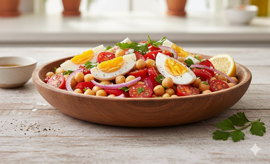 Ensalada de garbanzos con huevo duro, tomate y pepino