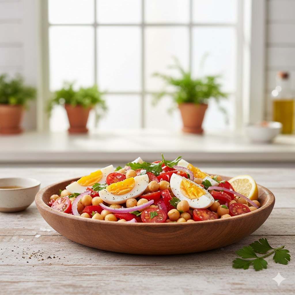 Ensalada de garbanzos con huevo servida en plato