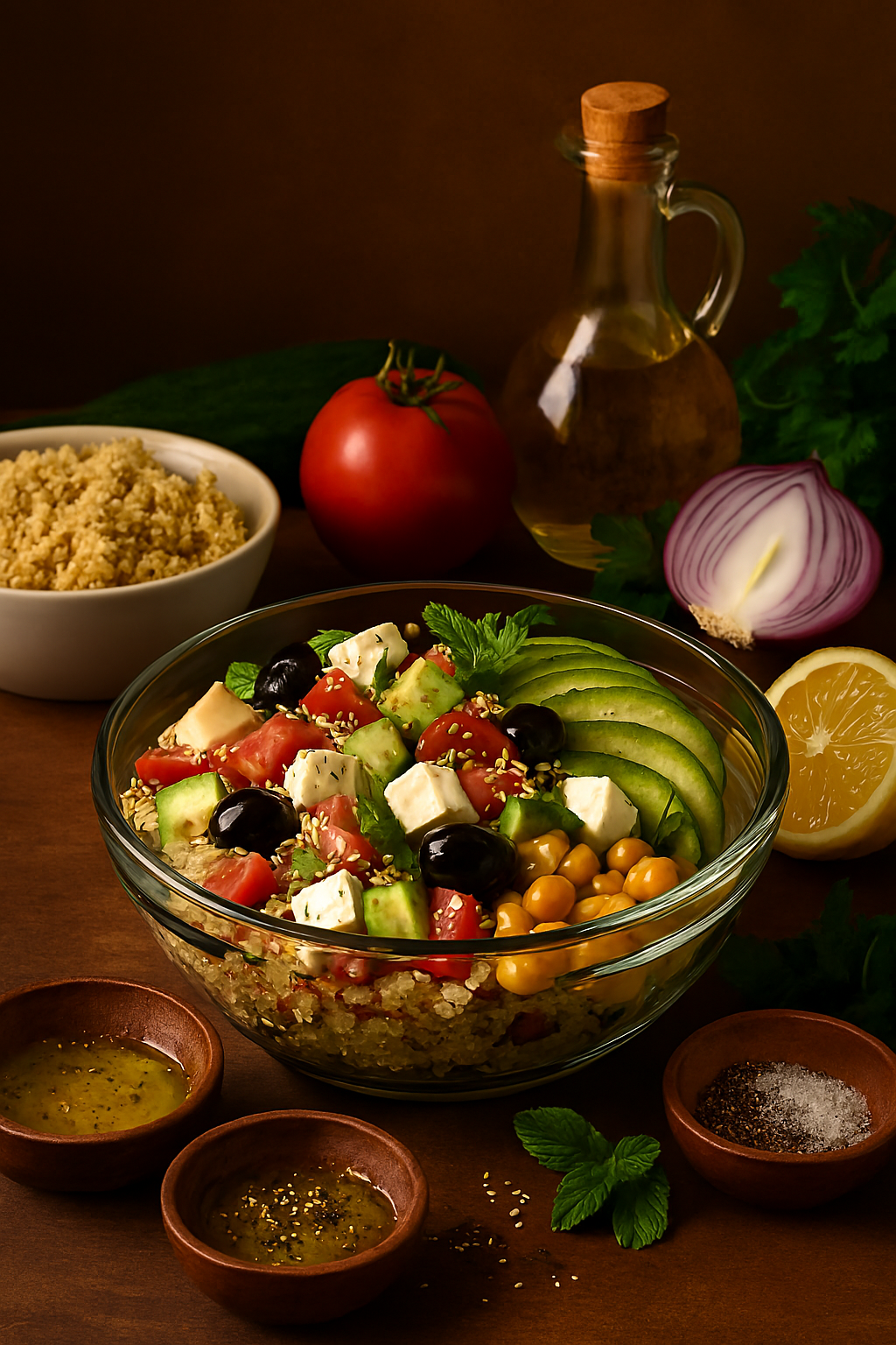 Ingredientes para ensalada de quinoa con feta