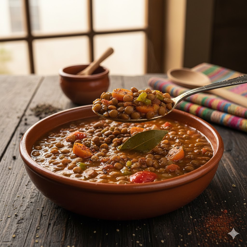 Plato de lentejas rápidas servidas calientes