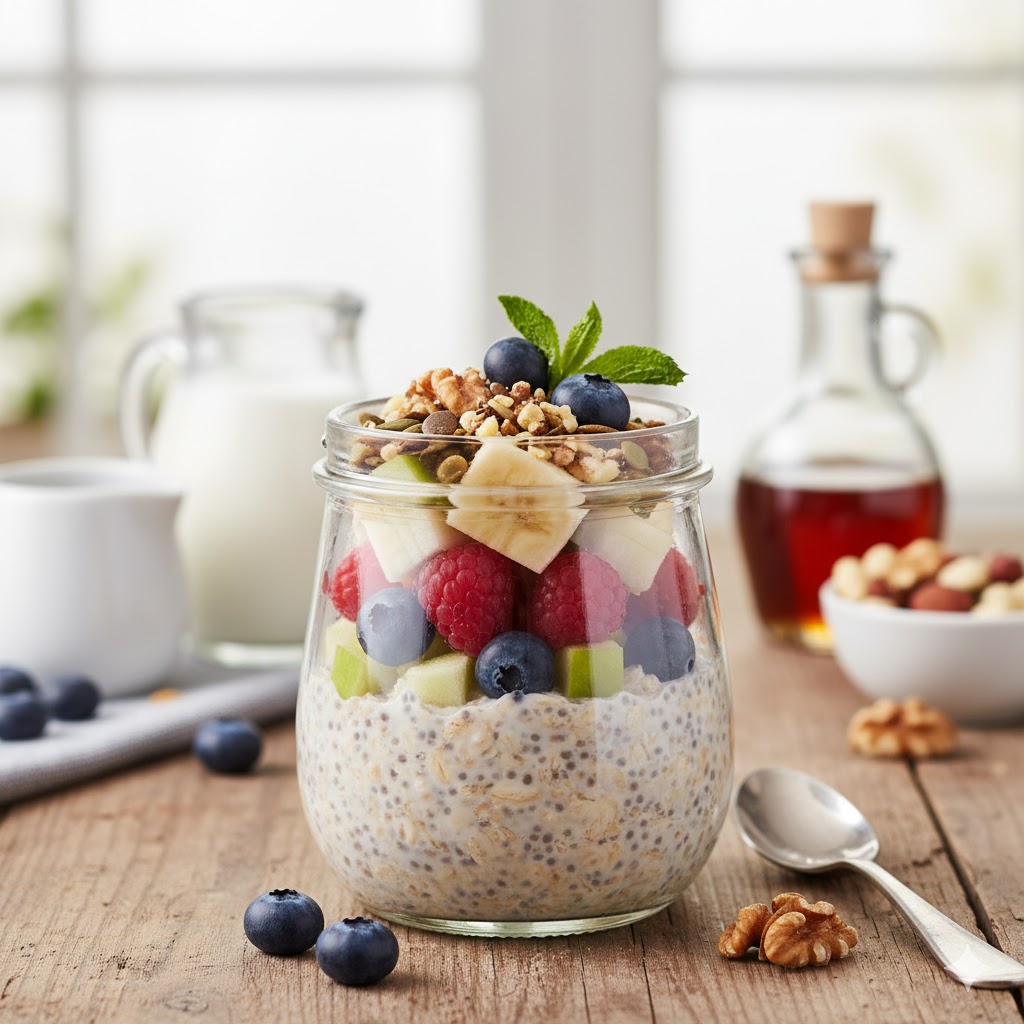 Tarro de overnight oats con fruta fresca y frutos secos por encima