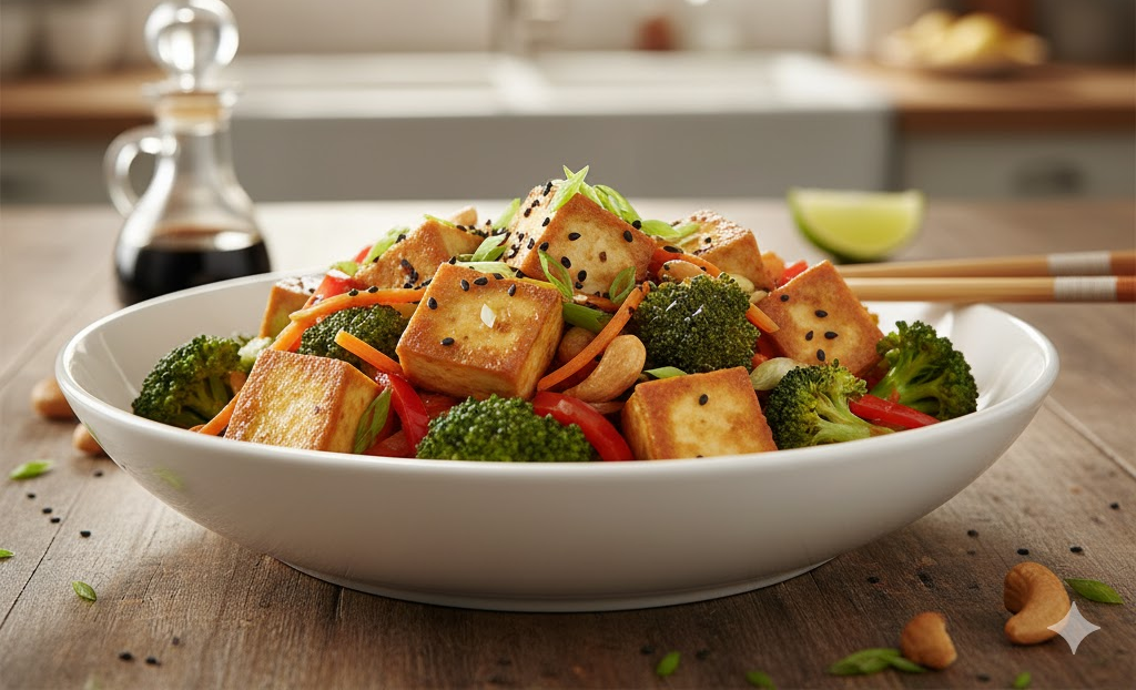 Salteado de tofu con brócoli y zanahorias