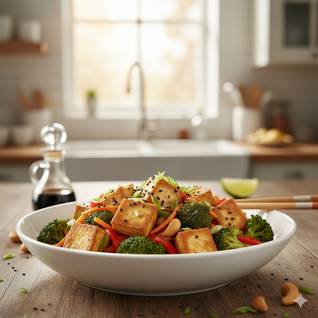 Salteado de tofu con brócoli servido en plato