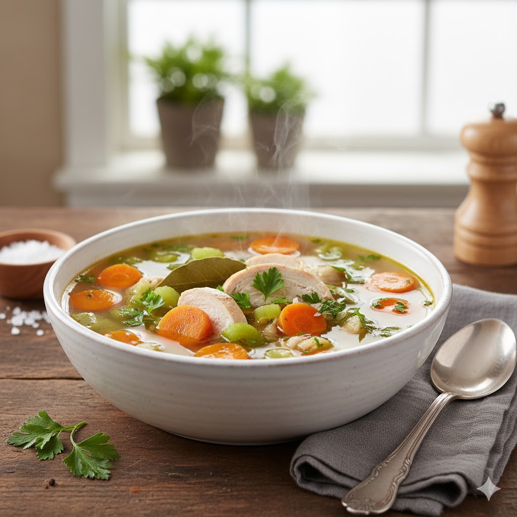 Sopa de pollo ligera servida en plato hondo