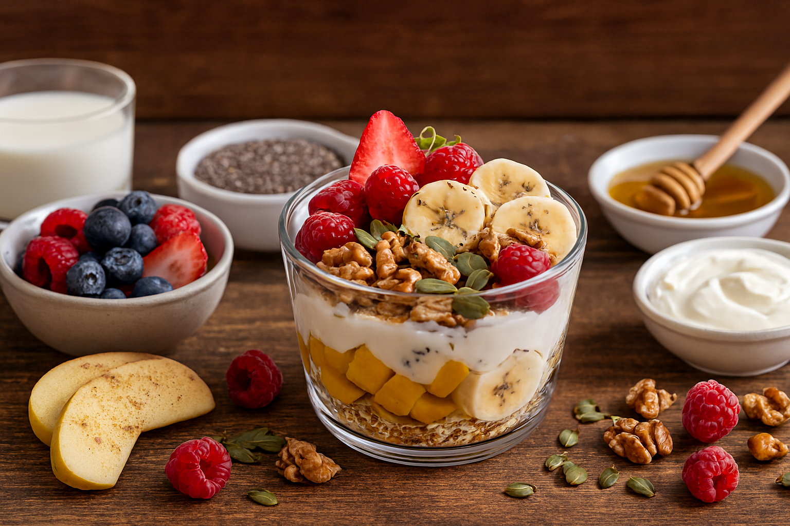 Vaso con yogur natural, granola y frutas frescas