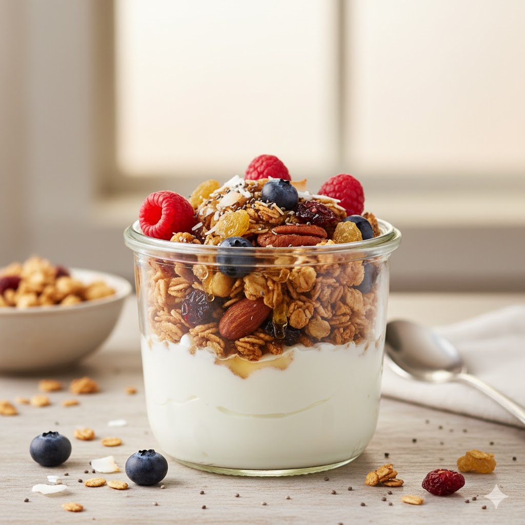 Vaso servido con yogur, granola, frutas frescas y miel