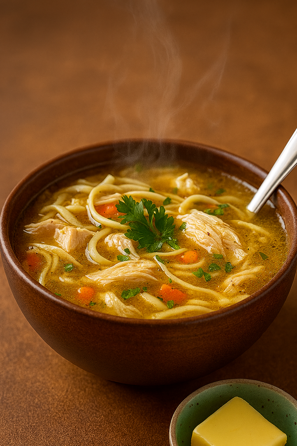Cuenco de sopa de pollo con fideos y verduras en un banner