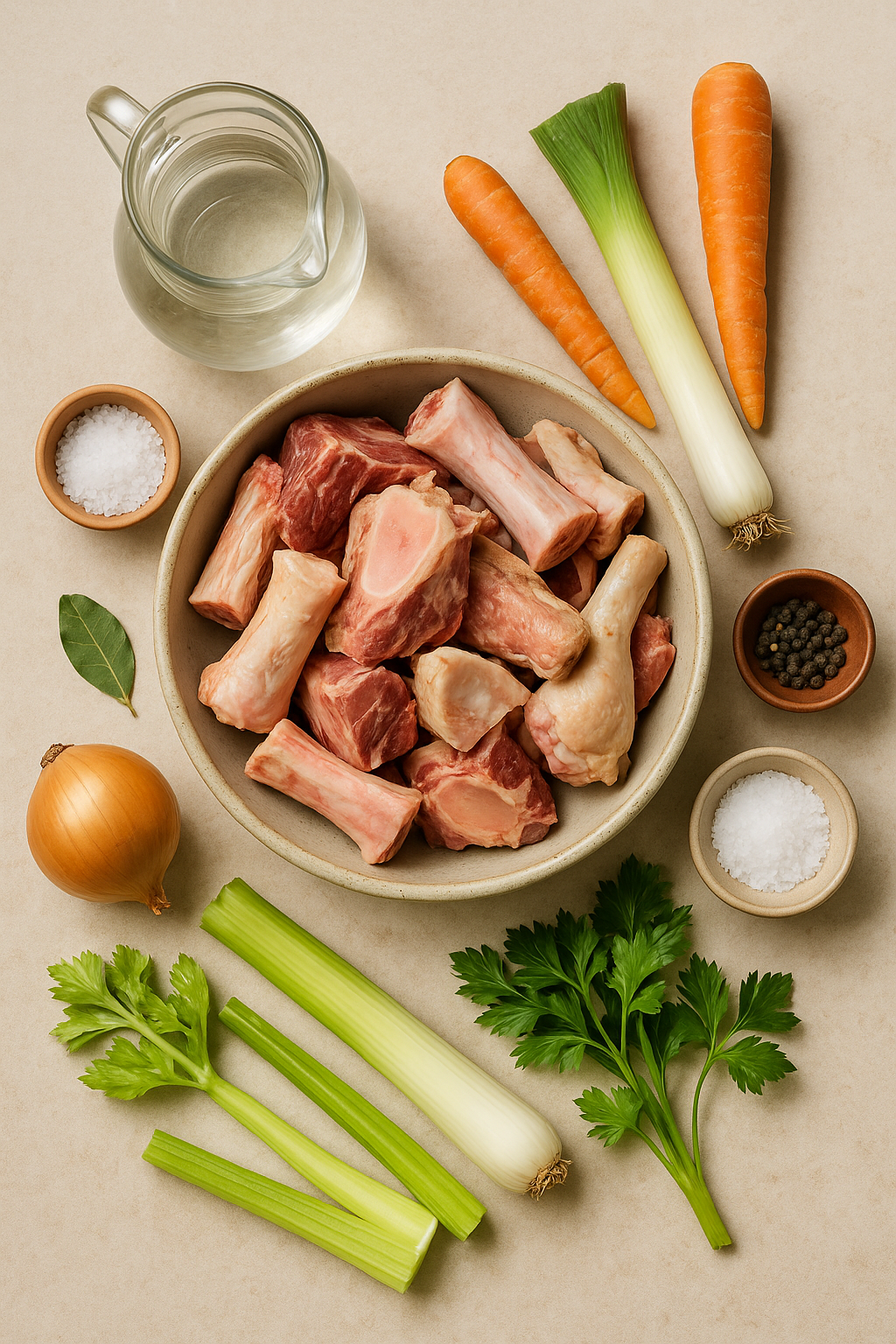 Ingredientes para caldo casero tradicional: huesos, verduras y especias