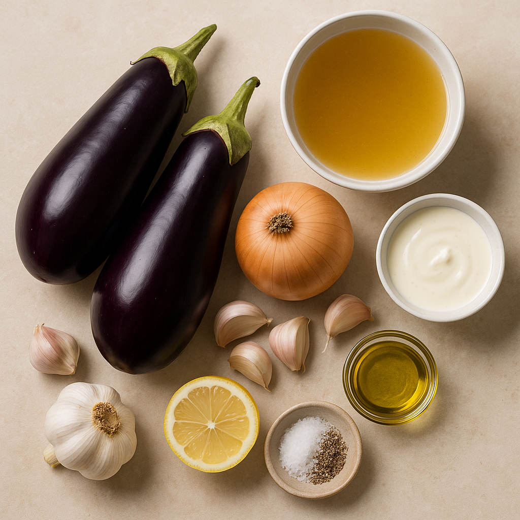 Ingredientes crema de berenjena: berenjenas, cebolla, ajo y caldo